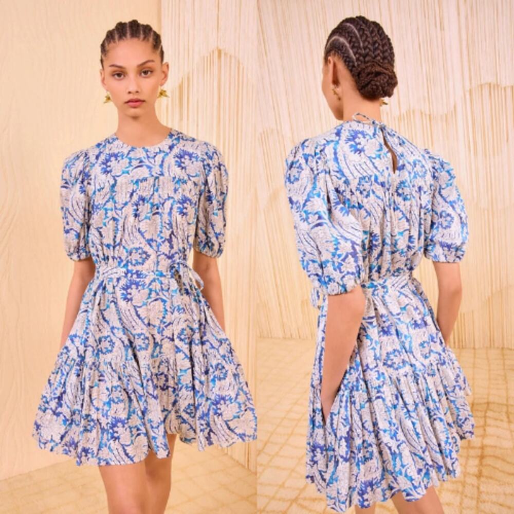 NWT Ulla Johnson Rosalie Short Sleeve Printed Mini Dress In Ciel Blue Size: 0